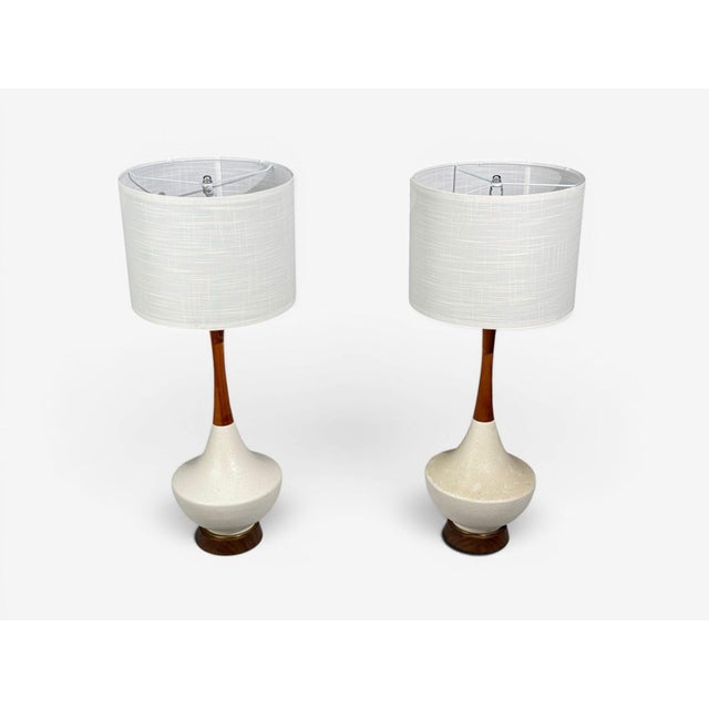 1950s American Modern, Large Table Lamps, Porcelain, Walnut, Brass For Sale - Image 4 of 12