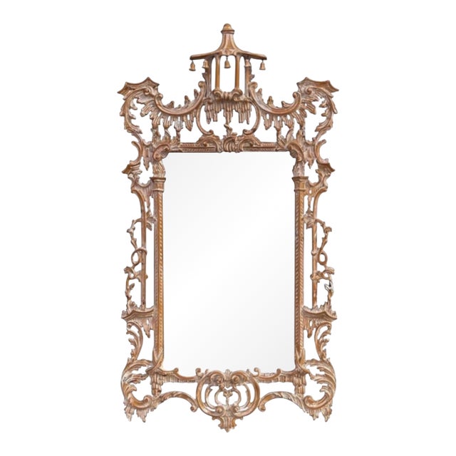 1970s Italian Chinese Chippendale Style Cerused Carved Wood Pagoda Form LaBarge Mirror For Sale