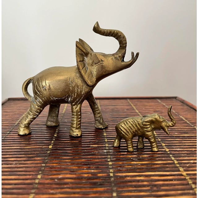 Mid Century Brass Elephants Trunks Up Good Luck Baby & Parent Set of 2 For Sale - Image 9 of 9