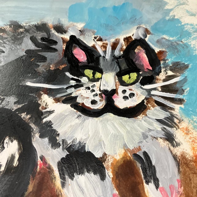 Abstract 1980’s Abstract Outsider Cat Watercolor Painting Signed For Sale - Image 3 of 5