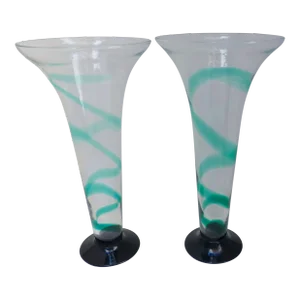 Tall Green Swirl Glass Trumpet Vases, a Pair