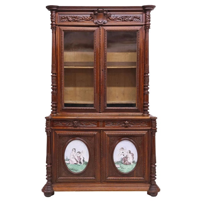 Charming Antique French Henri II Carved Oak Buffet Deux Corps China Cabinet w/ Porcelain Plaques!! Antique French Henri II...