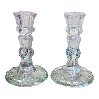 Pair of Antique Bohemian Art Nouveau Iridescent Glass Candlesticks With Gold Enamel Scrollwork For Sale