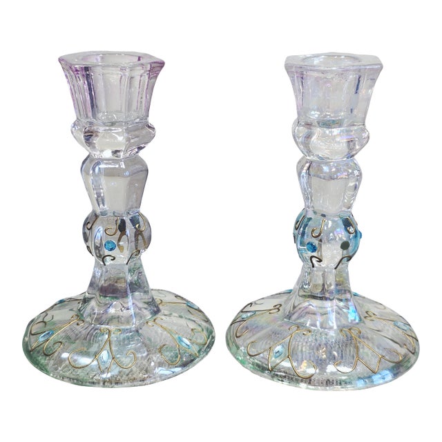 Pair of Antique Bohemian Art Nouveau Iridescent Glass Candlesticks With Gold Enamel Scrollwork For Sale