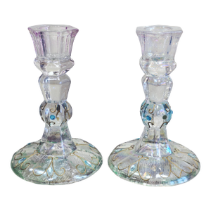 Pair of Antique Bohemian Art Nouveau Iridescent Glass Candlesticks With Gold Enamel Scrollwork
