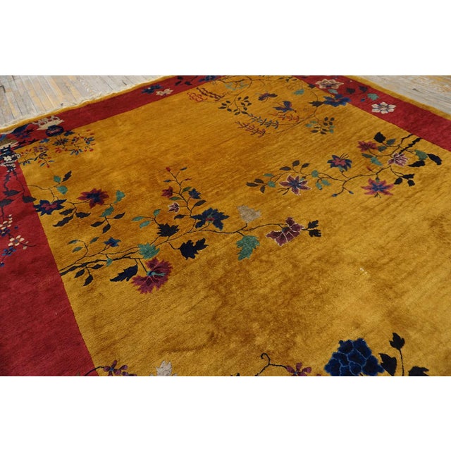 1920s Yellow Minimalist Floral Antique Chinese Art Deco Carpet 9' X 11'6" Handknotted Wool Rug For Sale - Image 4 of 6