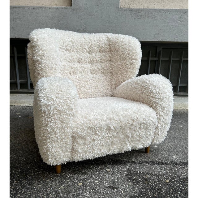 Set of Scandinavian Wing Lounge Chair and Ottoman in Long-Haired Fabric, 2000s, Set of 2 For Sale - Image 12 of 13
