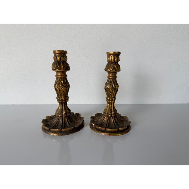 Italian Vintage Italian Florentine Gilt Carved Wood Candleholders – A Pair For Sale - Image 3 of 8