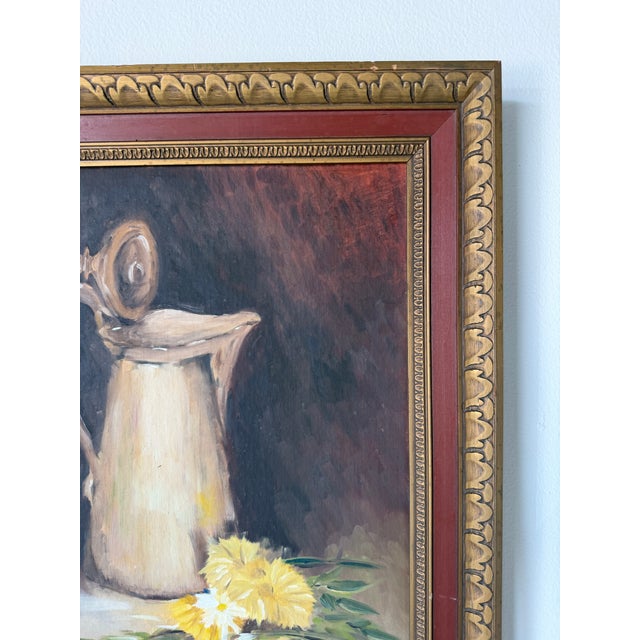 Vintage Floral & Pitcher Still Life Oil Painting on Masonite - Framed For Sale In Miami - Image 6 of 13