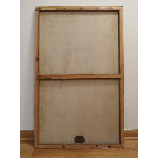 This oil painting features warm ochres, muted yellows, soft greens, and earthy browns across the historic buildings and...