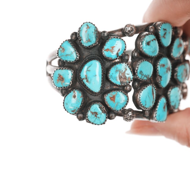 Late 20th Century 6.75" 40's-50's Navajo silver turquoise cluster cuff bracelet For Sale - Image 5 of 11