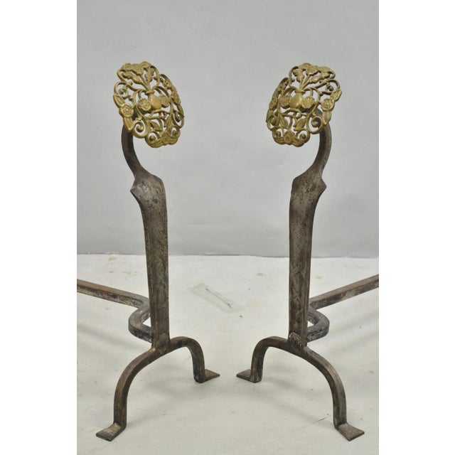 Antique French Art Nouveau Hand Hammered Wrought Iron & Bronze Andirons - A Pair For Sale - Image 15 of 15