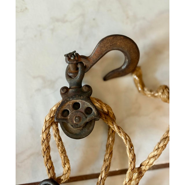 Metal Antique Industrial Block and Tackle Manual Pulley and 50 Foot Rope Rigging System- Farm, Marine, Industrial For Sale - Image 7 of 7