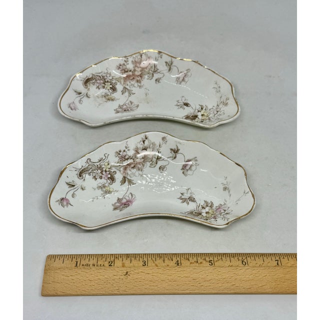 Ceramic Late 19th Century Victorian English Alfred Meakin Crescent Semi-Porcelain Bone Dishes With Scalloped Rims, Gold Trim, Floral Pattern - Pair For Sale - Image 7 of 12