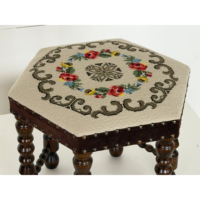 Brown Scandinavian Modern Needlepoint Tapestry Stools with Bobbin-Turned Legs, 1950s For Sale - Image 8 of 11