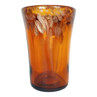 Vintage Mid Century Modern Art Glass Vase Amber Honey Aventurine Hand Blown For Sale