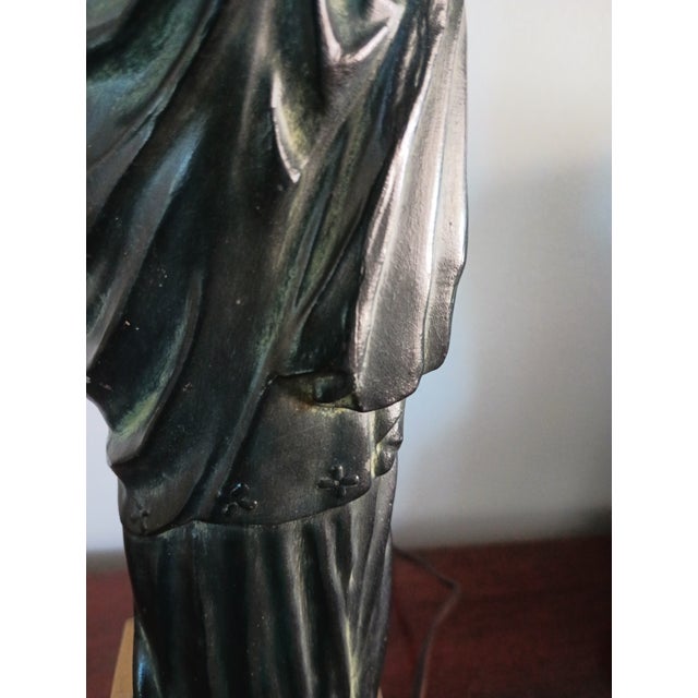 Metal 1940 Art Nouveau Bronze and Brass Figural Statue Table Lamp With Shade For Sale - Image 7 of 12