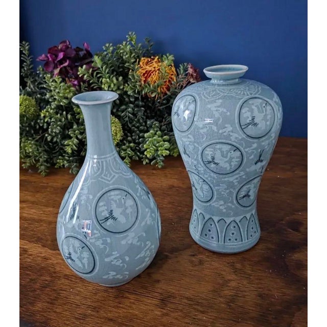 1970’s Thousand Crane Celadon Vases Set of 2 For Sale - Image 10 of 18