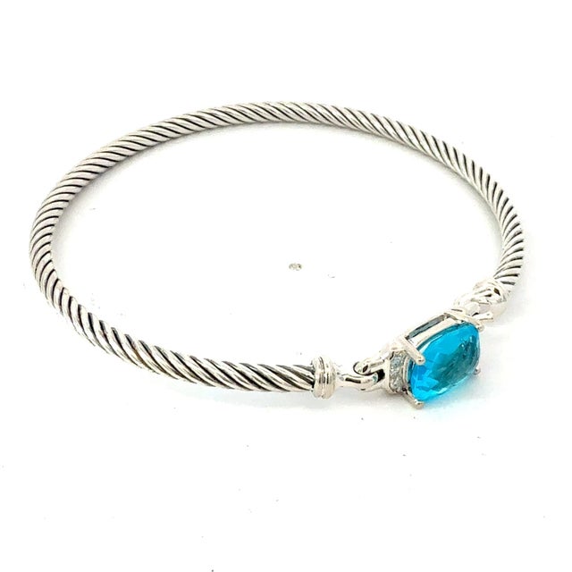 Traditional 1990s David Yurman Blue Topaz Diamond 3mm Cuff Bracelet Size M Silver Estate For Sale - Image 3 of 5