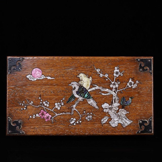1990s Huanghuali Style Wood Jewelry Box With Mother of Pearl Inlay – Bird & Flower Motif For Sale - Image 5 of 10