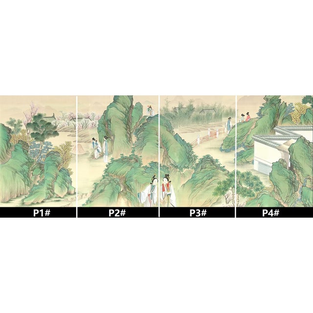Chinese 36" * H96"/Panel* 4ps, Chinese Traditional Gongbi Blue-Green Landscape Wallpaper, 4 Panels For Sale - Image 3 of 8