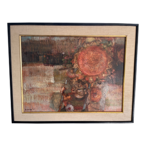 Vintage Mid Century Modern Abstract Child Swinging Sunflower Portrait Painting on Board Artwork- Signed 1961