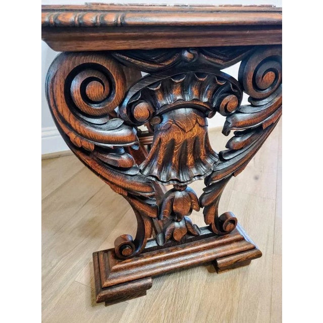19th Century Renaissance Revival Carved Oak Marble Top Table For Sale - Image 4 of 11