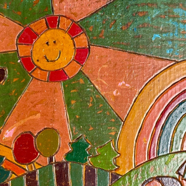 Mid 20th Century Vintage Folk Art Painting in Carved & Painted Wood Panel of Playful Whimsical Village For Sale - Image 5 of 6