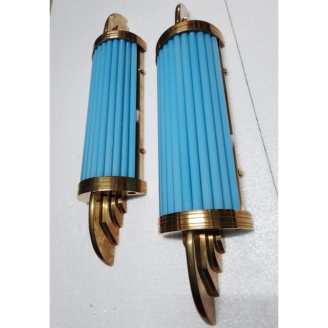 Art Deco Pair Vintage Art Deco Skyscraper Wall Sconces Fixture Brass & Blue Glass Rod Ship Light For Sale - Image 3 of 6