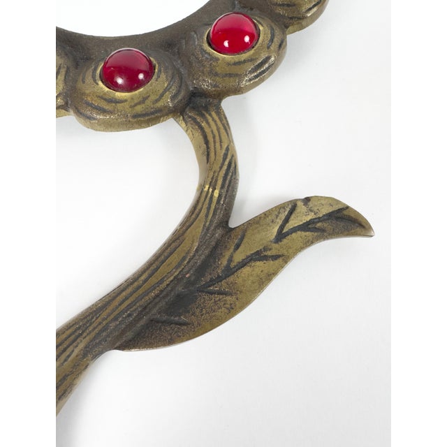 Mid 20th Century Vintage Brass Floral Hand Mirror With Red Glass Cabochons, Art Nouveau Style For Sale - Image 5 of 13