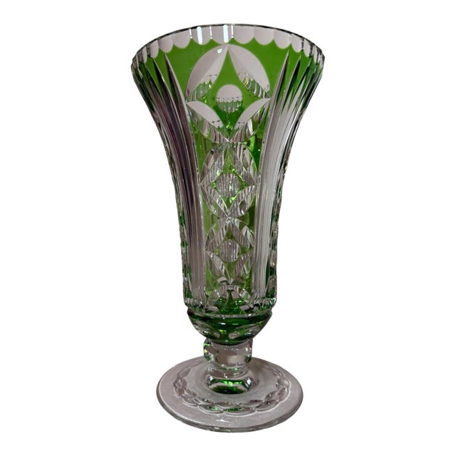 Vintage Handmade Green Czech Cut to Clear Crystal Glass Tall Ornate Flower Vase For Sale