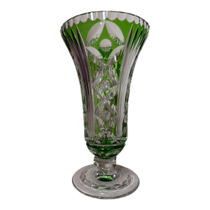 Vintage Handmade Green Czech Cut to Clear Crystal Glass Tall Ornate Flower Vase