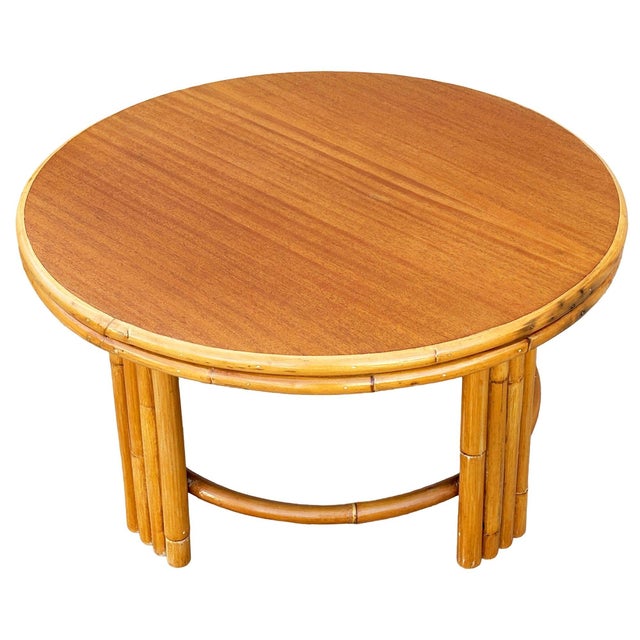 1940s Restored Mid-Century O-Base Round Costal Rattan End Table W/ Mahogany Top For Sale - Image 4 of 5