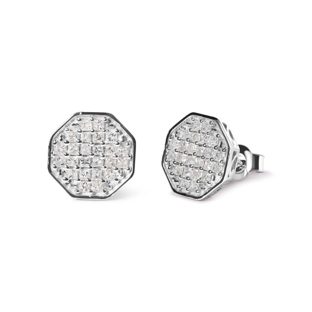 Indulge in the ultimate luxury with these stunning 10K White Gold Princess Diamond Composite Octagon Shaped Stud Earrings....