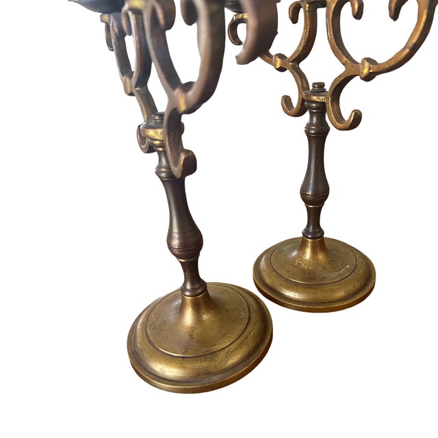 Mid 20th Century Mid 20th Century Pair of Heavy Brass Three-Light Candelabra | Dark Academia English Library Style For Sale - Image 5 of 8