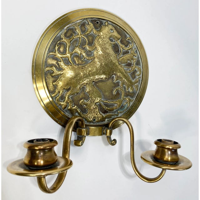 Early 20th Century Antique Bronze Lion Crest Electrified Wall Sconces, a Pair For Sale - Image 5 of 8