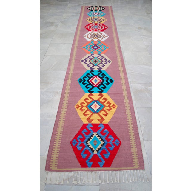 Hand Woven Silk Runner Rug . Full Tribal Design Hallway Colorful Runner Rug New - 2′7″ X 14′3″ For Sale - Image 4 of 15