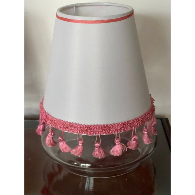 Shabby Chic 1970s Pair Silk Lamp Shades With Pink Fringes For Sale - Image 3 of 3