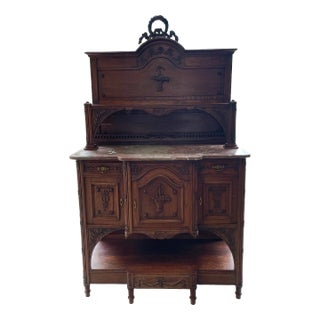 Antique French Marble Top Buffet Sideboard Server With Carved Details For Sale