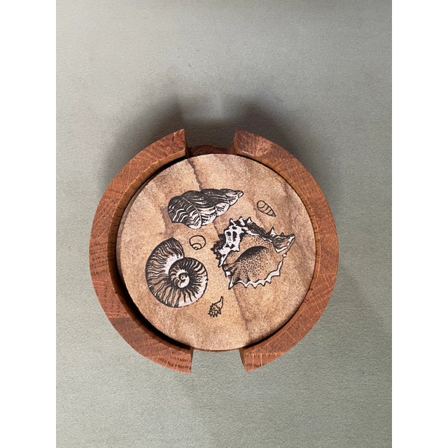 Wood Late 20th Century Seashell Sandstone Coasters & Wooden Caddy- 5 Pieces For Sale - Image 7 of 9