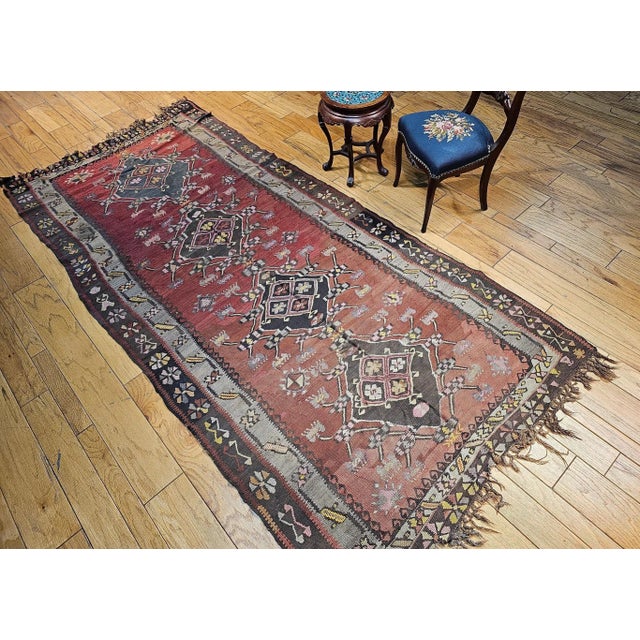 Vintage Turkish Tribal Kilim, Flat-Woven Medallion Pattern, Burgundy & Ivory, 5’ X 11’ For Sale - Image 11 of 12