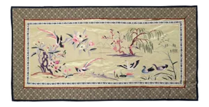 Vintage Chinese Silk Embroidered Cloth With Tropical Birds and Swans in Golden Lake