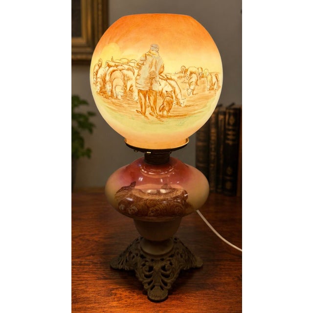 An exceptional antique find: this Victorian-era Gone with the Wind lamp comes complete with two matching hand-painted...