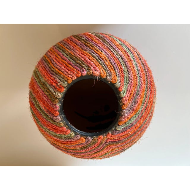 Orange 80's Vintage Colorful Woven Jute Macrame Fiber Art Vase For Sale - Image 8 of 13