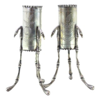 Silver Toothpick Holders with Engraved Floral Motifs and Bamboo-Shaped Feet, Set of 2 For Sale