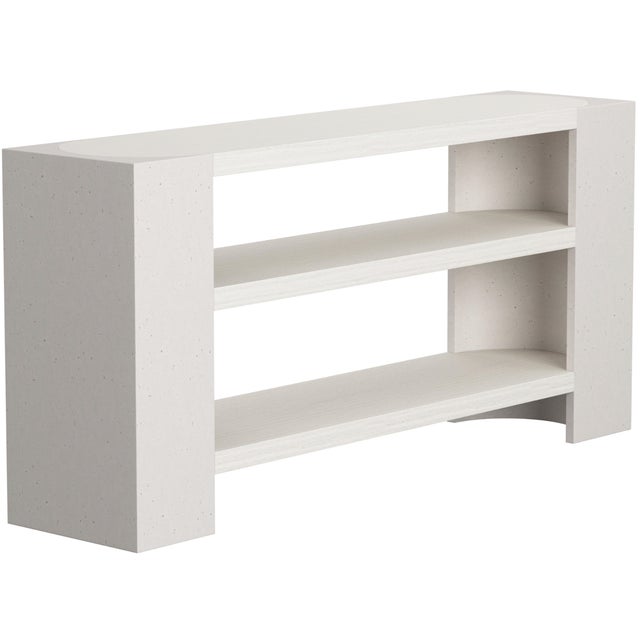 Modern lines find perfection on the Stratum console table with a Mist finish on an inset wood top. Two fixed shelves are...