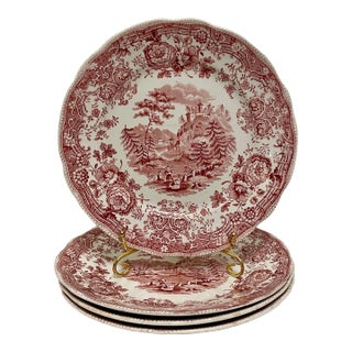 Antique English Red and White Transferware Bread Plates, Set of 4 For Sale