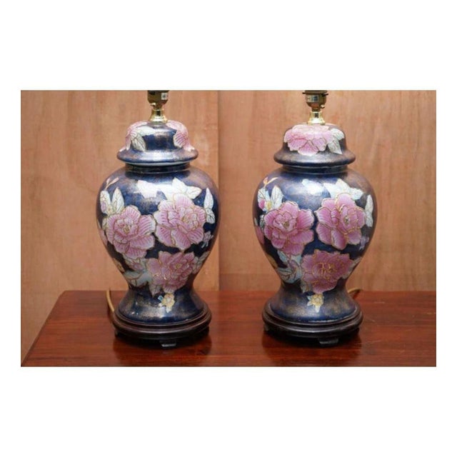 Vintage Navy Blue Floral Hand-Painted Lamps, 1960s, Set of 2 For Sale - Image 4 of 13