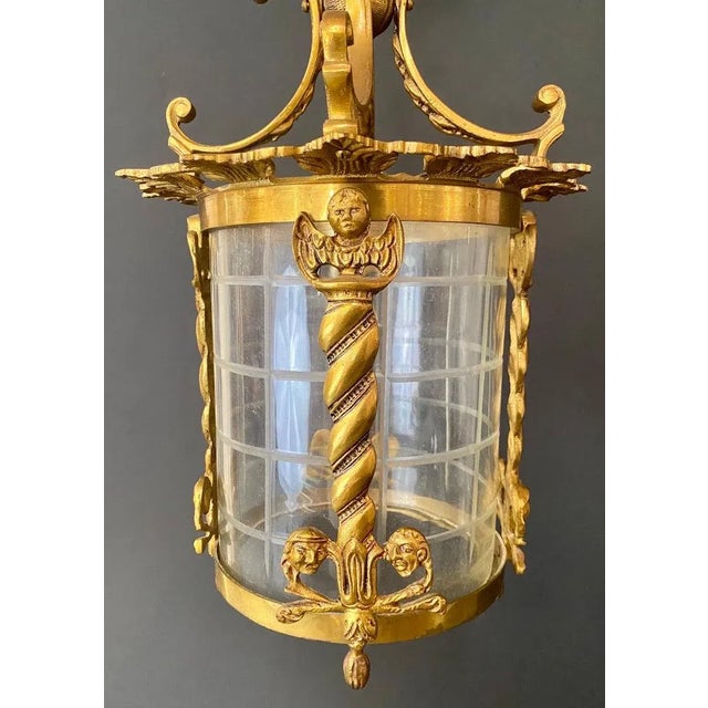Metal Spanish Neoclassical Revival Style Figural Gilt Iron Lantern or Pendant For Sale - Image 7 of 10