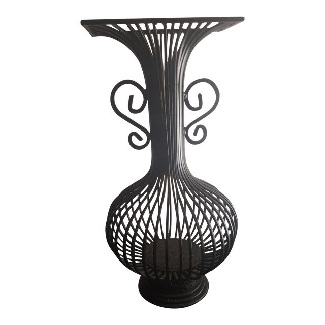 1970s Metal Lattice Black Double Handle Enameled Decorative Vase For Sale